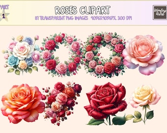 Roses Clipart – 81 Colorful Floral PNG Graphics, Commercial Use (Digital Download)