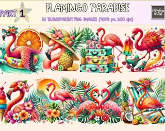 Watercolor Flamingo Clipart – Tropical Summer PNG Graphics (Digital Download)