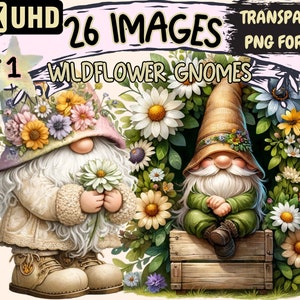 Wildflower Gnomes Clipart - 26 PNG Nature Gnome Graphics, Colorful Wildflower Printables, Instant Digital Download, Unlimited Commercial Use