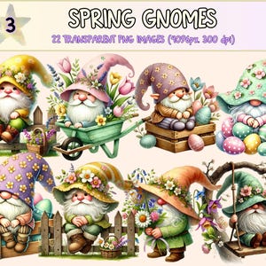 Spring Gnomes (P3) Clipart - 22 PNG Floral Gnome Graphics, Cute Springtime Garden Illustrations, Instant Digital Download, Commercial Use