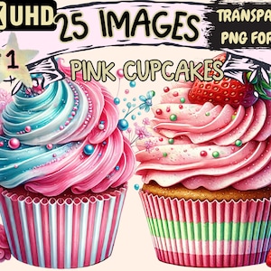 Pink Cupcakes Clipart - 25 PNG Adorable Cupcake Graphics, Sweet Treat Printables, Instant Digital Download, Unlimited Commercial Use Crafts
