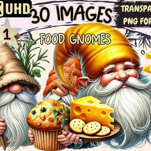 Food Gnomes Clipart - 30 PNG Cute Gnome Illustrations, Delicious Treats, Culinary Art, Instant Digital Download, Unlimited Commercial Use