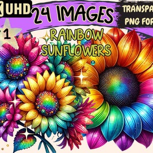 Rainbow Sunflowers Clipart - 24 PNG Colorful Floral Illustrations, Vibrant Art, Instant Digital Download, Unlimited Commercial Use Crafts