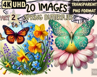 Spring Butterfly Clipart – Floral PNG Graphics, Commercial Use (Digital Download)