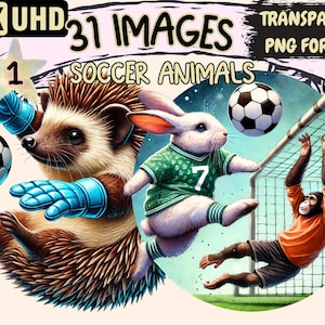 Soccer Animals Clipart - 31 PNG Adorable Animal Football Illustrations Playing Soccer, Instant Digital Download, Unlimited Commercial Use