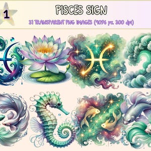 Pisces Sign Clipart - 31 PNG Zodiac Symbol Printable Graphics, Mystical Astrology Illustrations, Instant Digital Download, Commercial Use