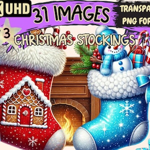 Christmas Stockings (P3) Clipart - 31 PNG Festive Stocking Illustrations, Holiday Art, Instant Digital Download, Unlimited Commercial Use