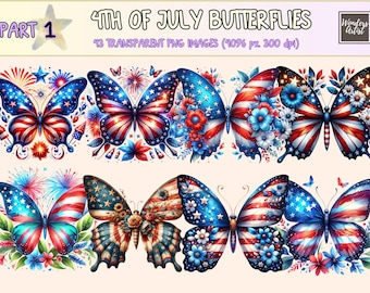 4th of July Butterflies Clipart - 43 PNG Patriotic Butterfly Graphics, Festive Printables, Instant Digital Download,Unlimited Commercial Use