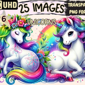 Unicorns (P6) Clipart - 25 PNG Magical Unicorn Graphics, Fairytale Whimsical Printables, Instant Digital Download, Unlimited Commercial Use