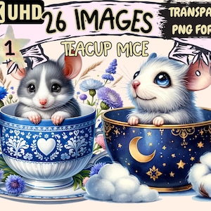 Teacup Mice Clipart - 22 PNG Charming Mouse Graphics, Whimsical Printables, Instant Digital Download, Unlimited Commercial Use for Crafts
