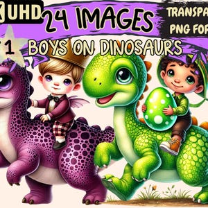 Boys on Dinosaurs Clipart - 24 PNG Fun Dino Ride Illustrations, Adventure Art, Instant Digital Download, Unlimited Commercial Use for Crafts