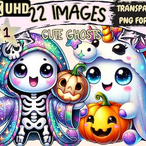 Cute Ghosts Clipart - 22 PNG Adorable Spooky Illustrations, Halloween Art, Instant Digital Download, Unlimited Commercial Use for Crafts
