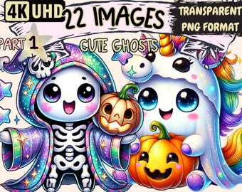 Cute Ghosts Clipart - 22 PNG Adorable Spooky Illustrations, Halloween Art, Instant Digital Download, Unlimited Commercial Use for Crafts