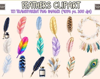 Feathers Clipart - 121 PNG Colorful Feather Graphics, Boho & Quill Printables, Instant Digital Download, Unlimited Commercial Use