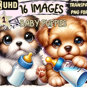 Baby Puppies Clipart - 16 PNG Adorable Puppy Graphics, Cute Printables, Instant Digital Download, Unlimited Commercial Use Crafts & Designs