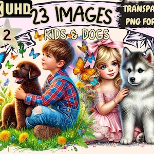 Kids & Dogs (P2) Clipart - 23 PNG Cute Pet Graphics, Child and Dog Printables, Instant Digital Download, Unlimited Commercial Use for Crafts