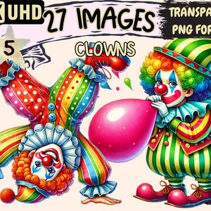 Clowns (P5) Clipart - 27 PNG Colorful Circus Performer Illustrations, Whimsical Art, Instant Digital Download, Unlimited Commercial Use