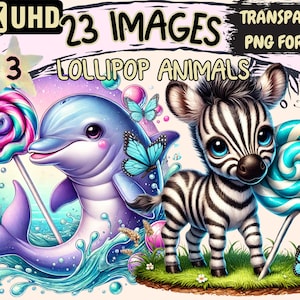 Lollipop Animals (P3) Clipart - 23 PNG Sweet Treat Animal Illustrations, Whimsical Art, Instant Digital Download, Unlimited Commercial Use