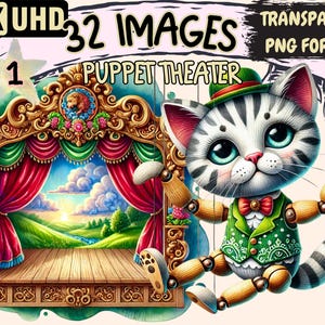 Puppet Theater Clipart - 32 PNG Whimsical Theaters Illustrations with Puppets, Instant Digital Download, Unlimited Commercial Use