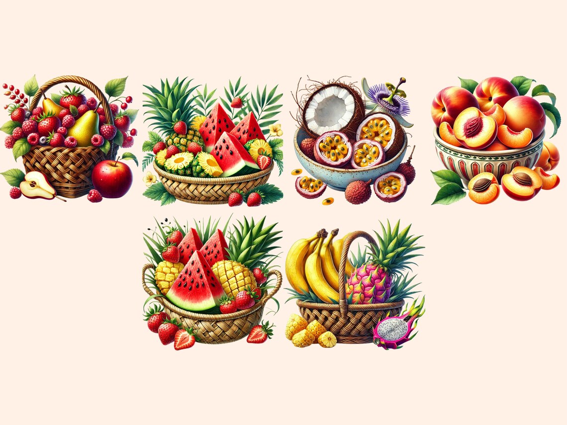 Watercolor Summer Fruit Bowls Clipart – 30 PNG Graphics (digital ...