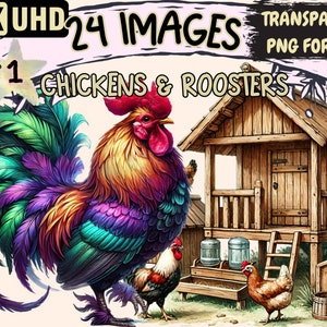 Chickens & Roosters Clipart - 24 PNG Vibrant Poultry Graphics, Farm Printables, Instant Digital Download,Unlimited Commercial Use for Crafts