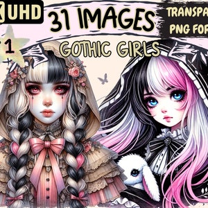 Gothic Girls Clipart - 31 PNG Beautiful Dark Themed Illustrations, Gothic Art, Instant Digital Download, Unlimited Commercial Use for Crafts