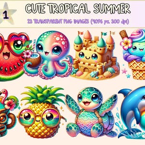 Cute Tropical Summer (P1) Clipart - 23 PNG Fun Beach Graphics, Adorable Printable Illustrations, Instant Digital Download,Commercial Use