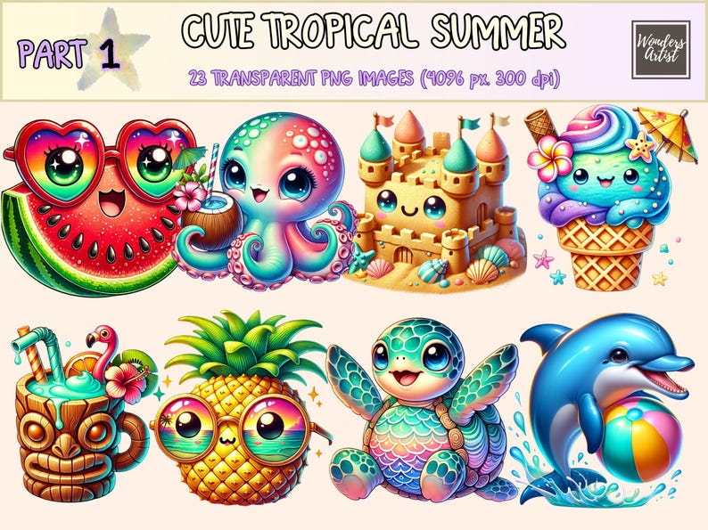 Cute Tropical Summer (P1) Clipart - 23 PNG Fun Beach Graphics, Adorable ...