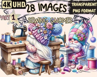 Sewing Gnomes Clipart – 28 PNG Whimsical Graphics (Digital Download)