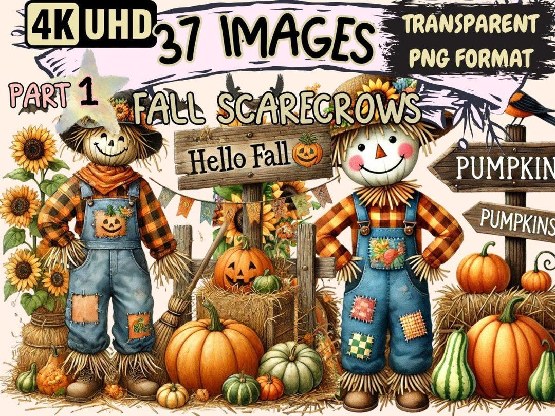 Fall Scarecrows Clipart – 37 PNG Graphics, Autumn Printables (digital ...