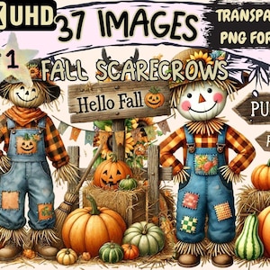 Fall Scarecrows Clipart – 37 PNG Graphics, Autumn Printables (Digital Download)
