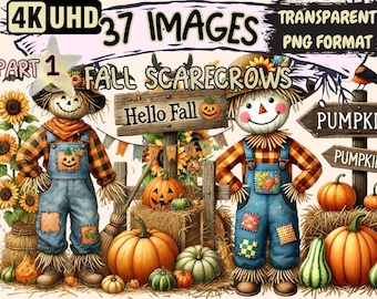Fall Scarecrows Clipart – 37 PNG Graphics, Autumn Printables (Digital Download)