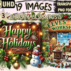 Christmas Signposts (P3) Clipart - 19 PNG Festive Sign Graphics, Holiday Printables, Instant Digital Download, Unlimited Commercial Use