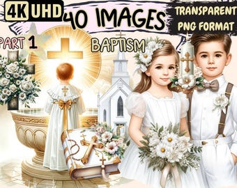 Elegant Baptism Clipart – 40 PNG Graphics, Religious Designs (Digital Download)