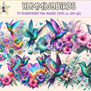 Hummingbird Clipart – 92 Floral PNG Graphics, Exotic Bird Printables (Digital Download)