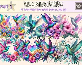 Hummingbirds Clipart - 92 PNG Floral Bird Graphics, Colorful Exotic Birds Printables, Instant Digital Download, Unlimited Commercial Use