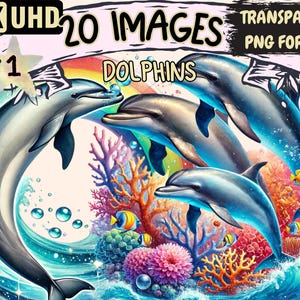 Dolphins Clipart - 20 PNG Ocean-Themed Dolphin Illustrations, Marine Life Art, Instant Digital Download, Unlimited Commercial Use for Crafts