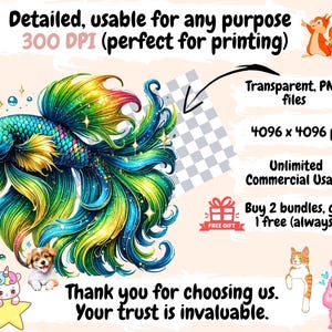 May include: A vibrant, colorful digital illustration of a betta fish with flowing fins. The fish is blue, green, and yellow with iridescent scales. The image is set against a pink background with text that reads "Detailed, usable for any purpose 300 DPI (perfect for printing)" and "Transparent, PNG files 4096 x 4096 px Unlimited Commercial Usage Buy 2 bundles, get 1 free (always)".