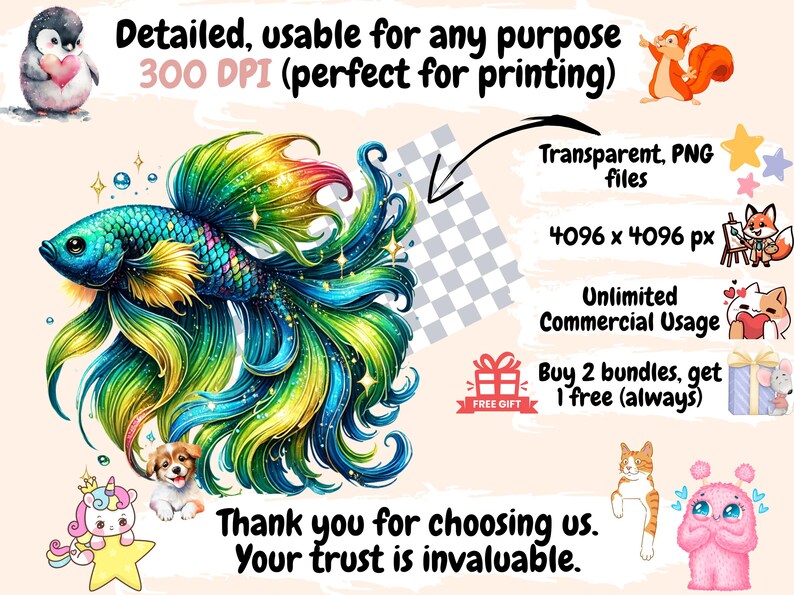 May include: A vibrant, colorful digital illustration of a betta fish with flowing fins. The fish is blue, green, and yellow with iridescent scales. The image is set against a pink background with text that reads "Detailed, usable for any purpose 300 DPI (perfect for printing)" and "Transparent, PNG files 4096 x 4096 px Unlimited Commercial Usage Buy 2 bundles, get 1 free (always)".