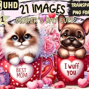 Mother's Day Cups Clipart - 21 PNG Sweet Message Cups Graphics, Cute Mom Gift Printables, Instant Digital Download, Unlimited Commercial Use