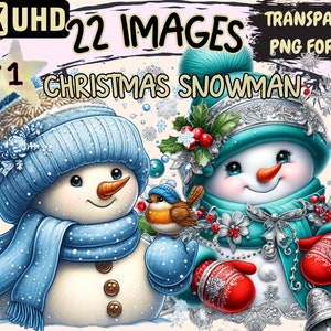 Christmas Snowman Clipart - 22 PNG Festive Snowmen Graphics, Holiday Printables, Instant Digital Download, Unlimited Commercial Use Crafts