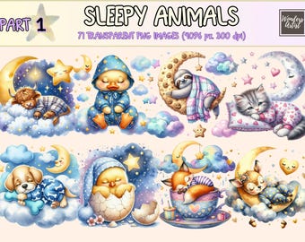 Sleepy Animals Clipart Bundle - 71 PNG Cute Dreamy Animal Images, Cute Pet Printables, Instant Digital Download, Unlimited Commercial Use