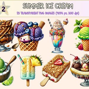 Summer Ice Cream (P2) Clipart - 25 PNG Delicious Sweet Treat Graphics, Colorful Cone Illustrations, Instant Digital Download, Commercial Use