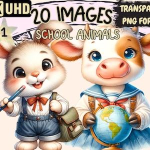 School Animals Clipart Bundle - 20 PNG Educational Graphics, Cute Animal Printables, Instant Digital Download, Unlimited Commercial Use