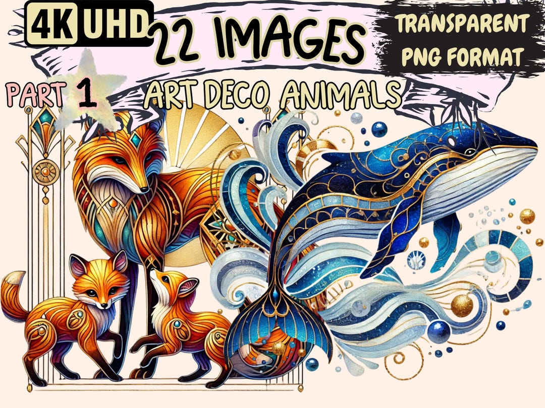 Lengthwise Designs Art Deco Animals (P1) Clipart - 22 PNG Elegant Animal Illustrations ...