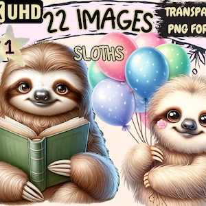 Sloths Clipart - 22 PNG Adorable Sloth Graphics, Cute Printables, Instant Digital Download, Unlimited Commercial Use for Crafts & Designs