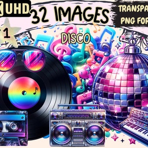 Disco Clipart - 32 PNG Retro Disco Graphics, Dancing Printables, Instant Digital Download, Unlimited Commercial Use for Crafts & Designs