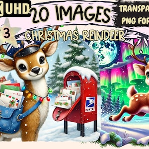 Christmas Reindeer (P3) Clipart - 20 PNG Festive Reindeer Graphics, Holiday Printables, Instant Digital Download, Unlimited Commercial Use