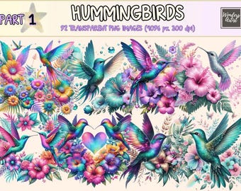 Hummingbird Clipart – 92 Floral PNG Graphics, Exotic Bird Printables (Digital Download)