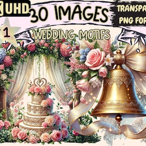 Wedding Motifs Clipart - 30 PNG Elegant Celebration Illustrations, Bridal Art, Instant Digital Download, Unlimited Commercial Use for Crafts